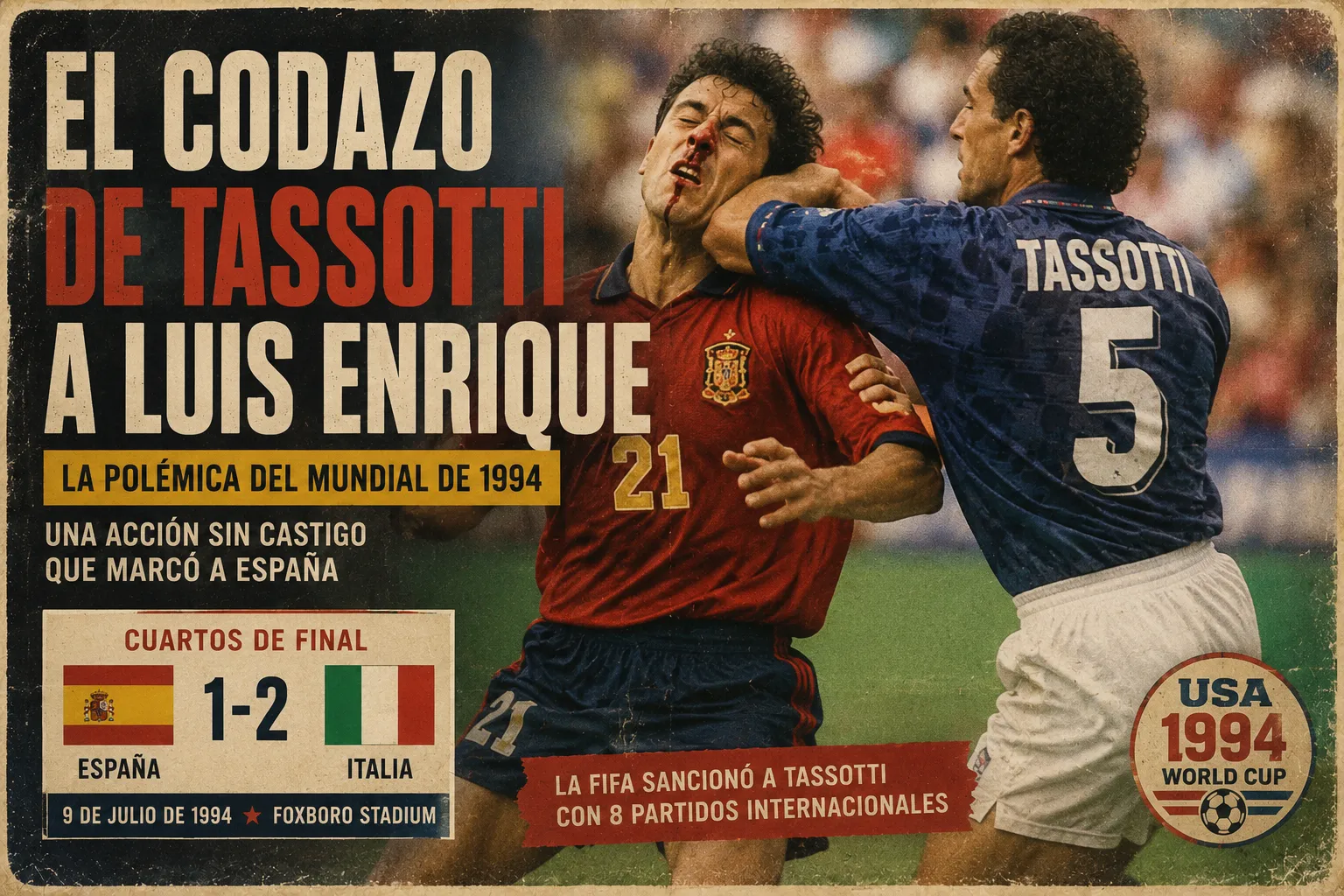 Ilustración retro del codazo de Mauro Tassotti a Luis Enrique durante el Mundial de Estados Unidos 1994 en un estilo vintage inspirado en revistas deportivas antiguas