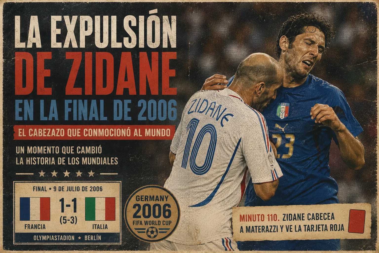 Ilustración retro estilo póster deportivo vintage del cabezazo de Zinedine Zidane a Marco Materazzi durante la final del Mundial de Alemania 2006