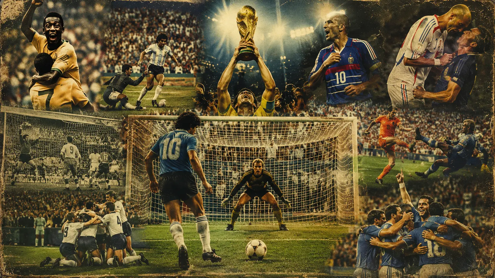 Momentos inspirados en los partidos más legendarios de la historia del Mundial, con una tanda de penales y celebraciones en un cartel retro.