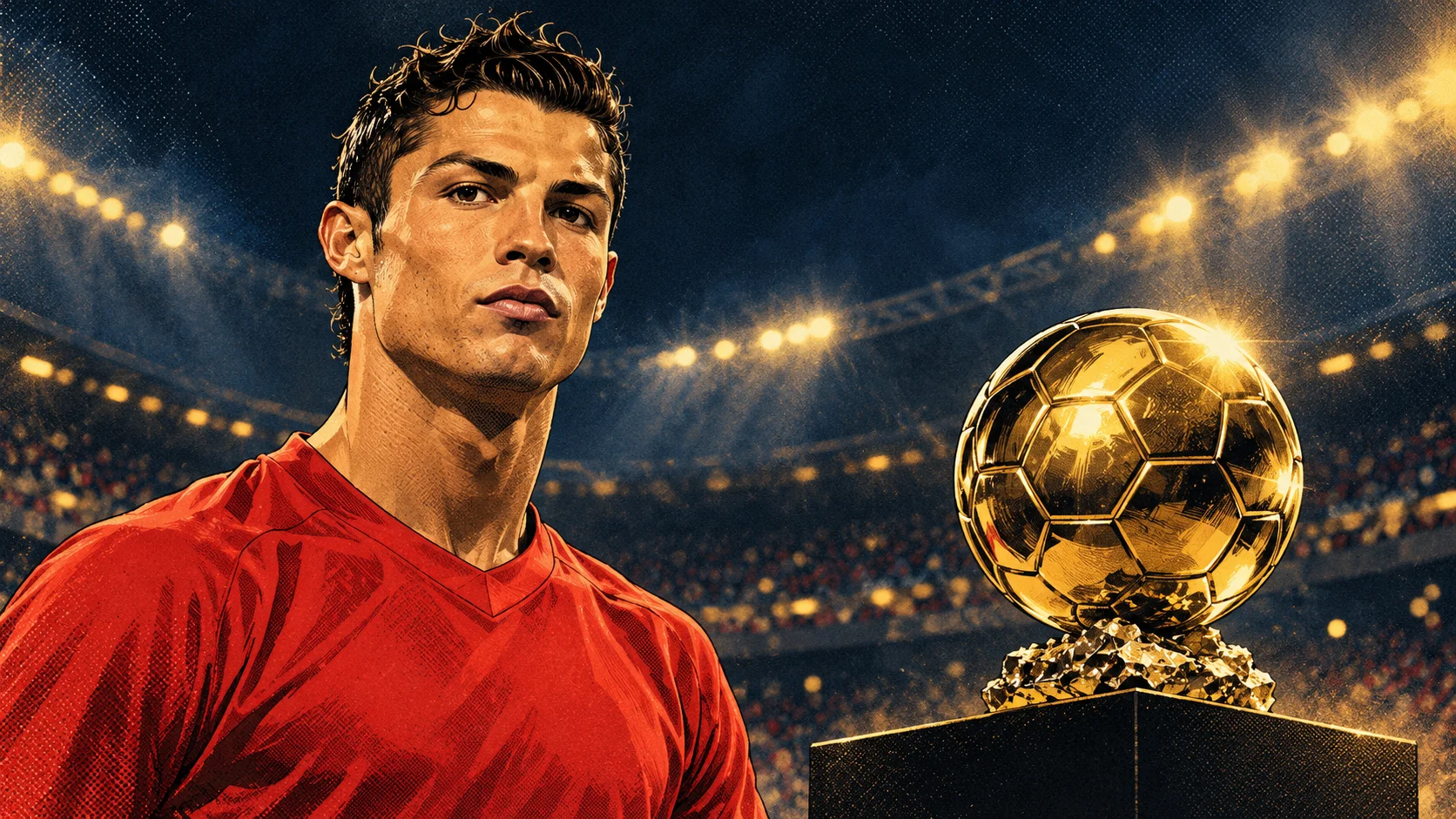 Ilustración de Cristiano Ronaldo con camiseta roja junto a un balón dorado y un estadio iluminado al fondo.